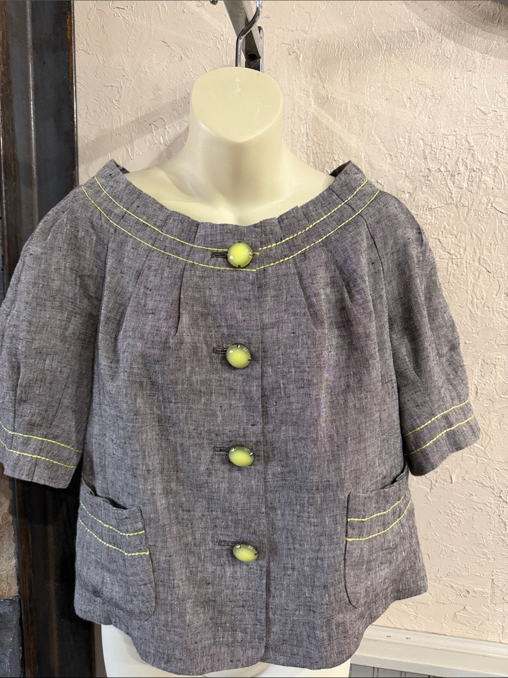 Worth Grey Linen-Blend Short Sleeve Jacket with Lime Buttons